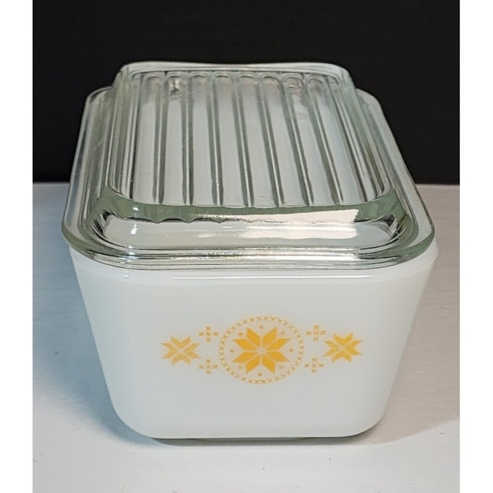 VTG Pyrex #502 TOWN & COUNTRY Refrigerator‎ Dish & Glass Lid Set DESIGN MISPRINT